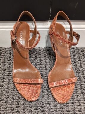 Prada Tan Croc-Embossed Leather Open-Toe Ankle-Strap Sandals
